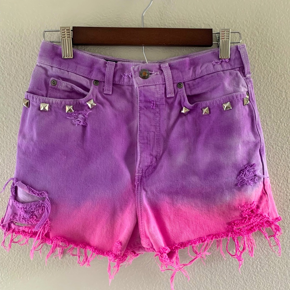 Custom thrifted tie-dye purple & pink dipped / studded high waisted denim shorts